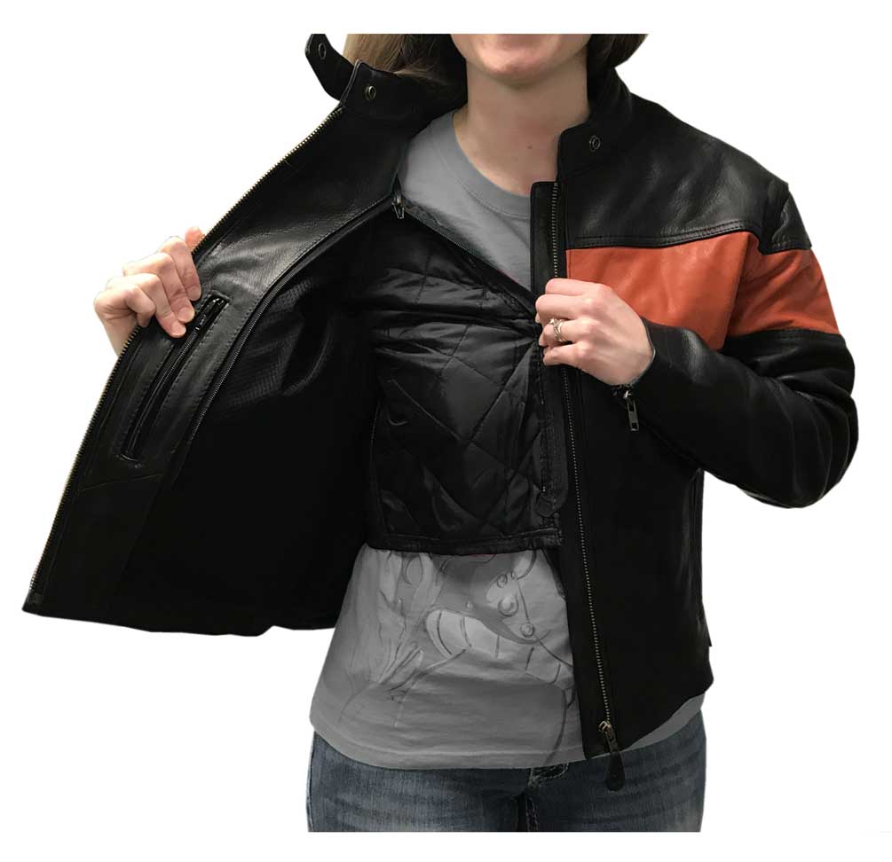 Redline Women's Orange Stripe Cowhide Leather Motorcycle Jacket