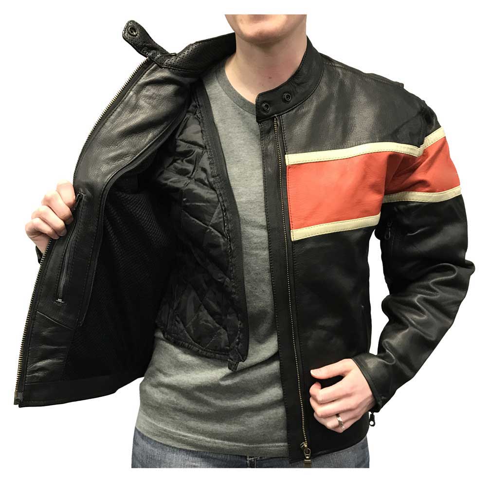 Redline Men's Orange Stripe Cowhide Leather Motorcycle Jacket, Black M-3200 - No Hassle Returns at Wisconsin Harley