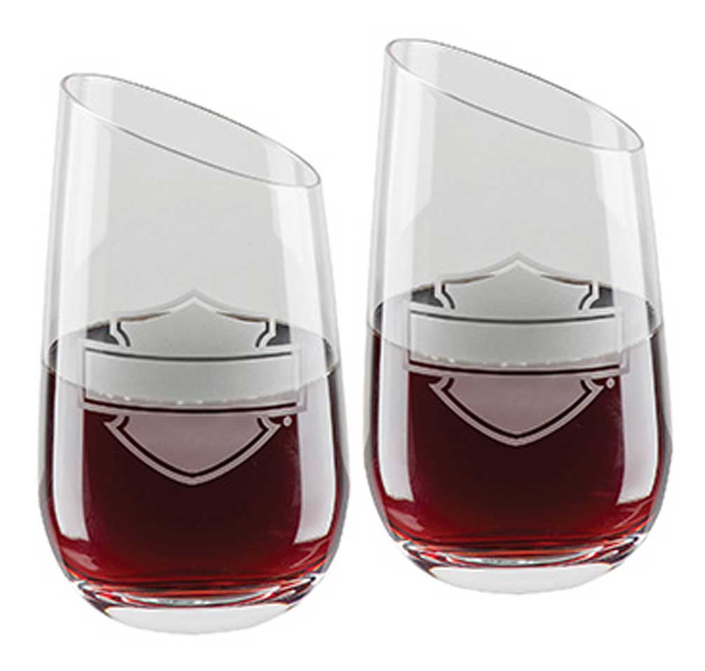 Harley-Davidson Silhouette Bar & Shield Stemless Angled Wine Glass Set HDL-18797 - Wisconsin Harley-Davidson