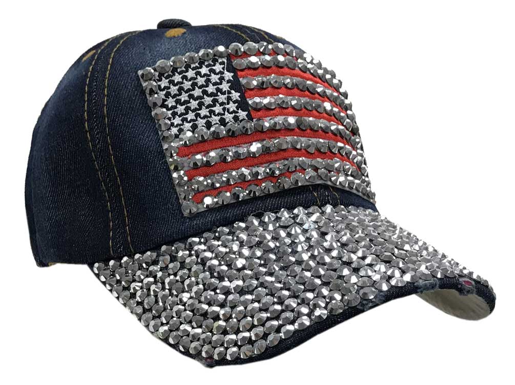 Women's Bling Studded American Flag Denim Baseball Cap, Adjustable 52004-Dark - Wisconsin Harley-Davidson