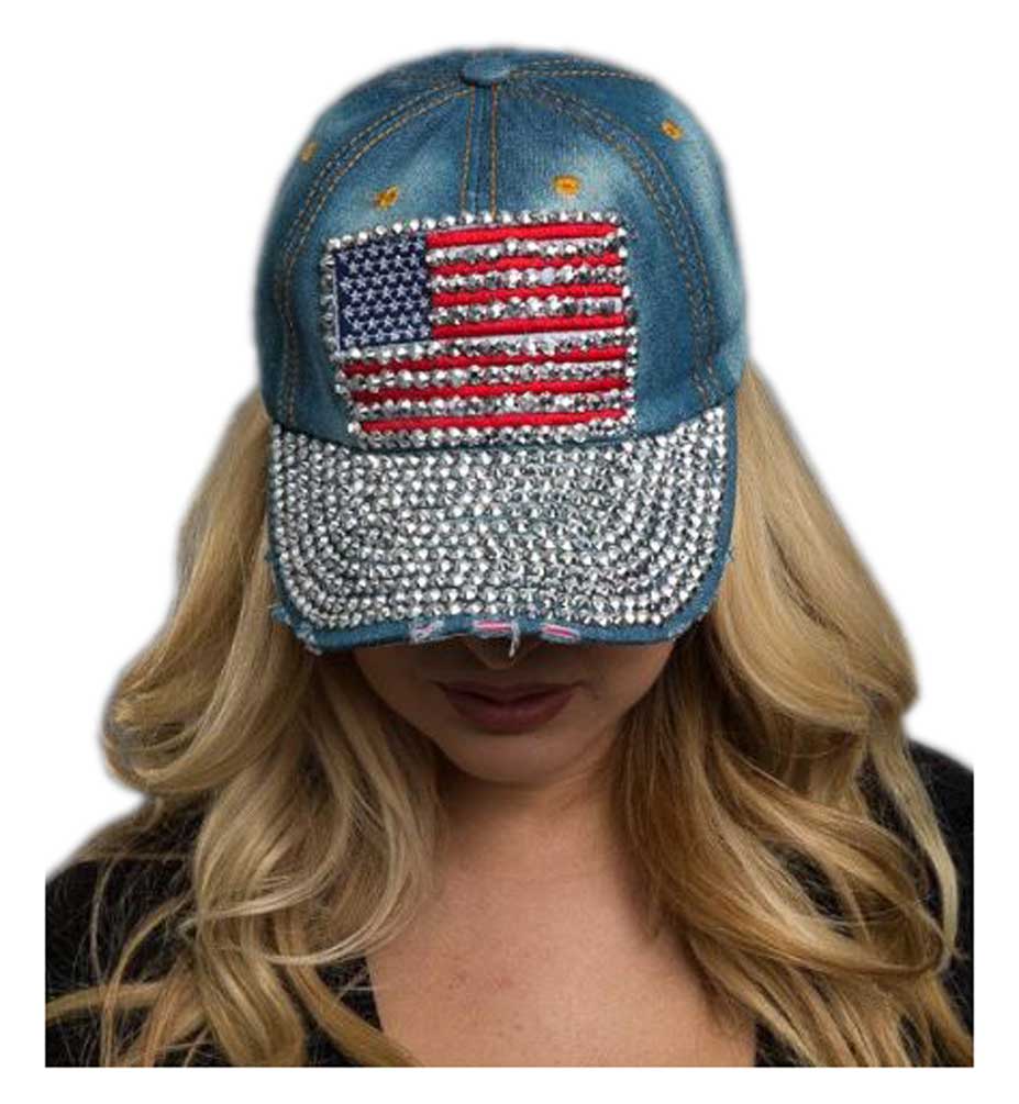 Women's Bling Studded American Flag Denim Baseball Cap, Adjustable 52004 - No Hassle Returns at Wisconsin Harley