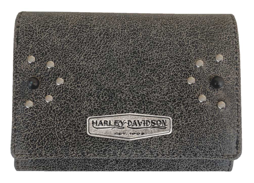 Harley-Davidson Women's Garage Burnished Leather 6 in Tri-Fold Wallet, Tan/Black - Wisconsin Harley-Davidson