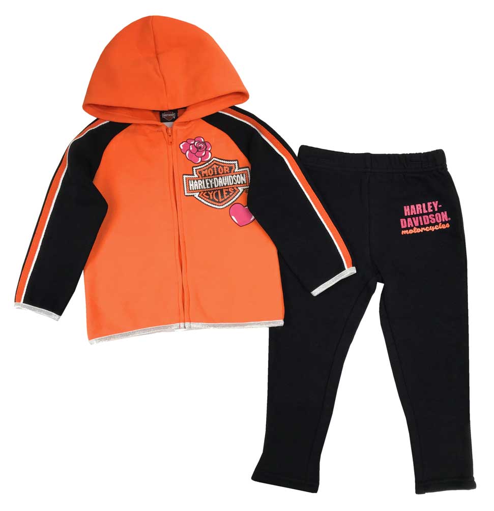 Harley-Davidson Little Girls' 2-Piece Fleece Jogger Set, Orange & Black 2023927 - Wisconsin Harley-Davidson