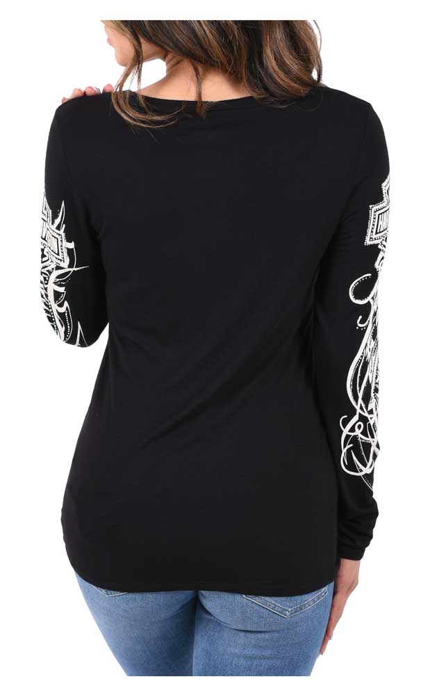 Harley-Davidson Women's Tribal Embellished Long Sleeve Scoop Neck Shirt, Black - No Hassle Returns at Wisconsin Harley