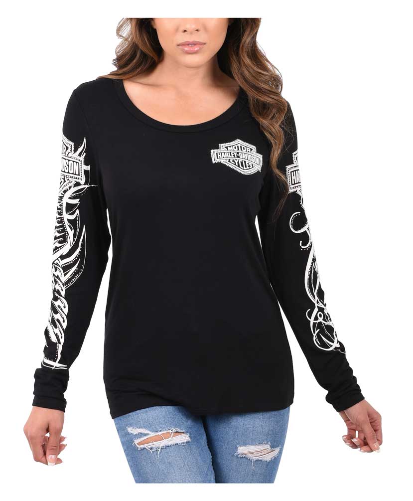Harley-Davidson Women's Tribal Embellished Long Sleeve Scoop Neck Shirt, Black - Wisconsin Harley-Davidson