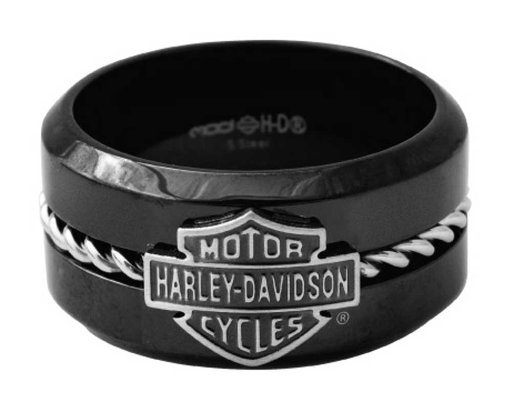 Harley-Davidson Men's Silver Wire B&S Band Ring, Black Stainless Steel HSR0070 - Wisconsin Harley-Davidson