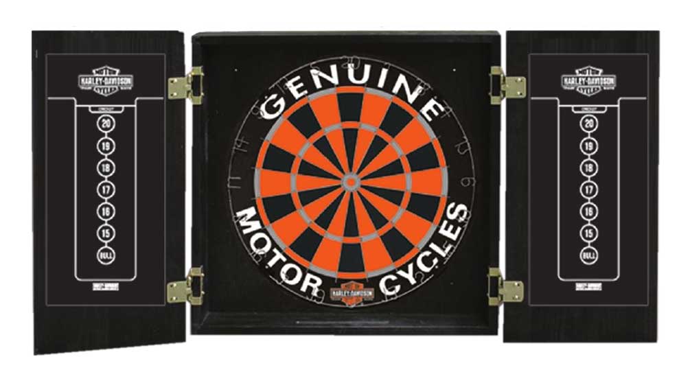 Harley-Davidson Genuine Oil Can Dart Board Kit - Black Wooden Cabinet 61992 - No Hassle Returns at Wisconsin Harley