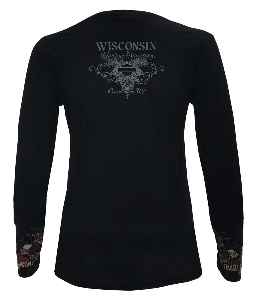 Harley-Davidson Free Shipping - Harley-Davidson Women's Skulls & Roses Long Sleeve V-Neck Shirt, Black R002146 - Free Shipping on many products plus Orders Over $99