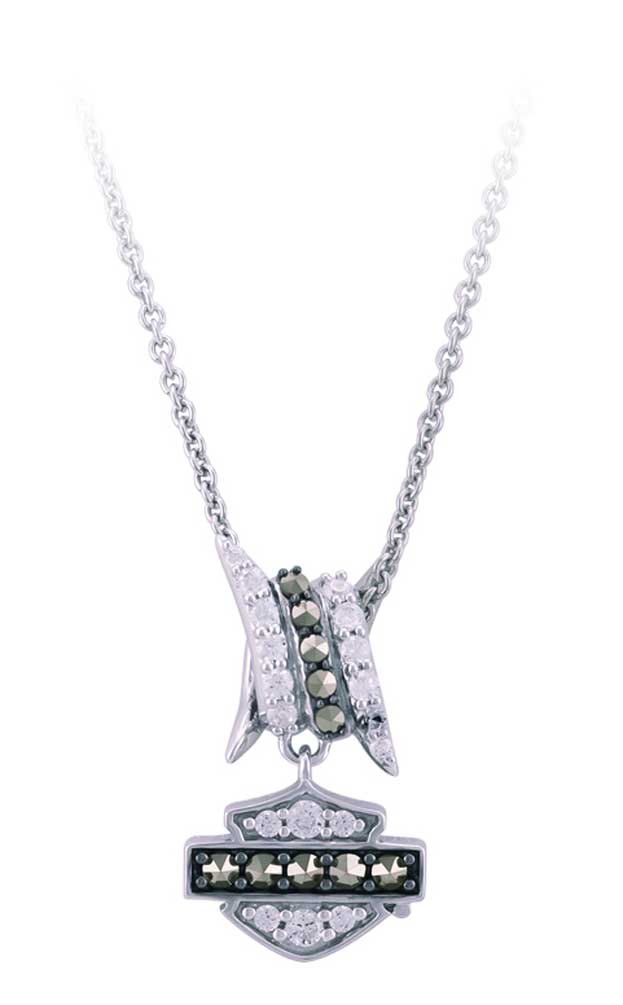 Harley-Davidson Womens Bling Bard Wire B&S Necklace, Sterling Silver HDN0451 - Wisconsin Harley-Davidson