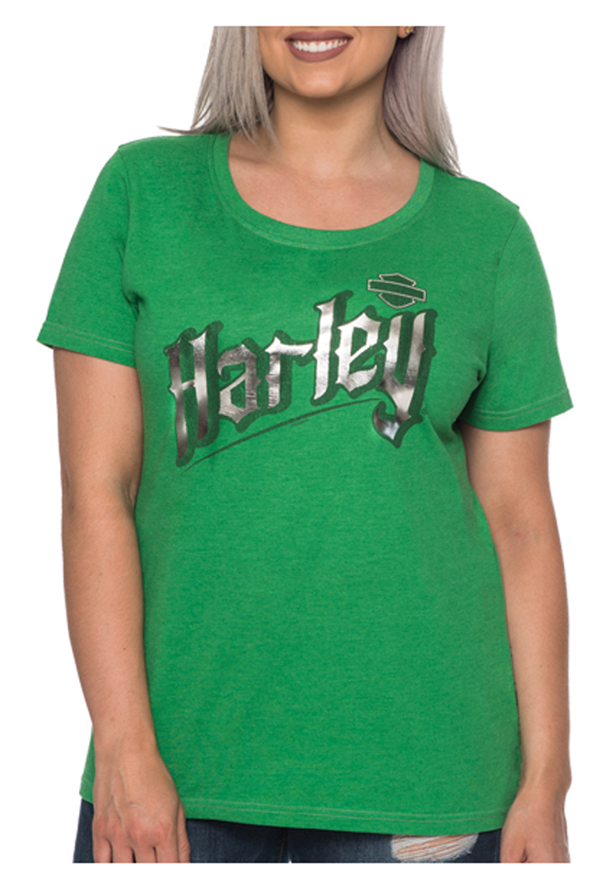 Harley Davidson® Womens Goth Metallic Short Sleeve Scoop Neck Tee Kelly Green Wisconsin 