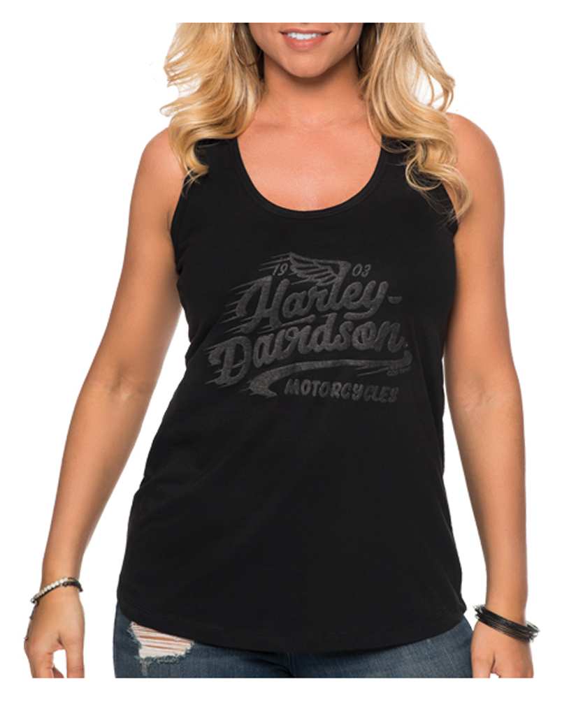 Harley-Davidson Women's Fast Pace Flocking Racerback Sleeveless Tank Top, Black - Wisconsin Harley-Davidson