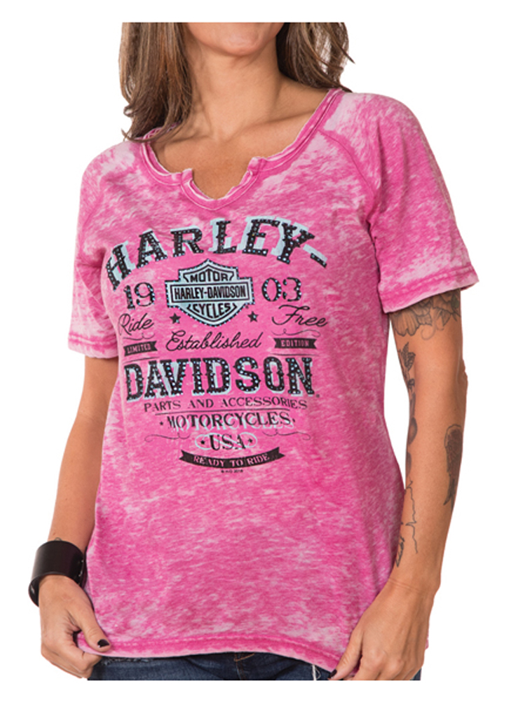 Harley-Davidson Women's Crispy Embellished Notched V-Neck Burnout T-Shirt, Pink - Wisconsin Harley-Davidson