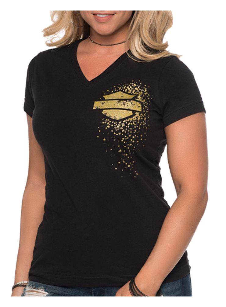 Harley-Davidson Women's Gold Metallic Cluster B&S Short Sleeve T-Shirt - Black - Wisconsin Harley-Davidson