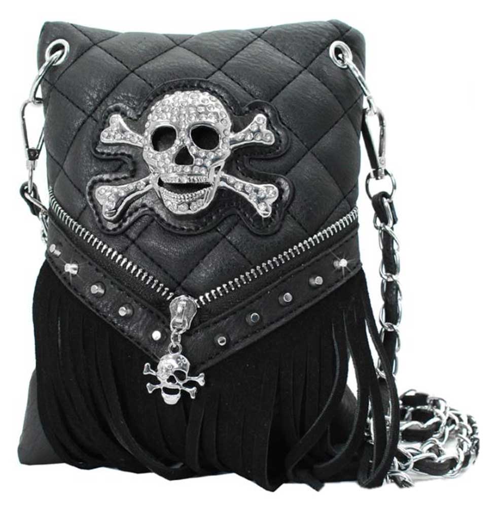 That's A Wrap Women's Quilt Stitch Rhinestone Skull Fringe Hip Bag HB-SK3S-BLACK - Wisconsin Harley-Davidson