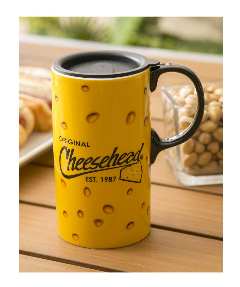 Original Cheesehead Ceramic Tall Boy Travel Cup w/ Gift Box, 20 oz