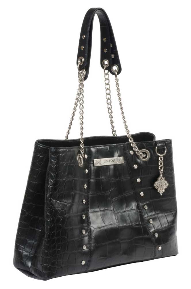 JENTOU Women's Janice Croco Embossed Leather Tote Bag - Black JT4406-BLACK - Wisconsin Harley-Davidson