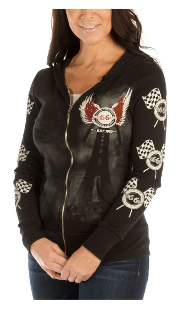 Liberty Wear Women's Vintage Kicks on Route 66 Embellished Zip-Up Hoodie, Black - Wisconsin Harley-Davidson