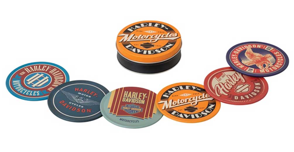 Harley-Davidson Retro H-D Tin 3.5 inch Coaster Set, Pack of 6 - Matte Finishes - Wisconsin Harley-Davidson