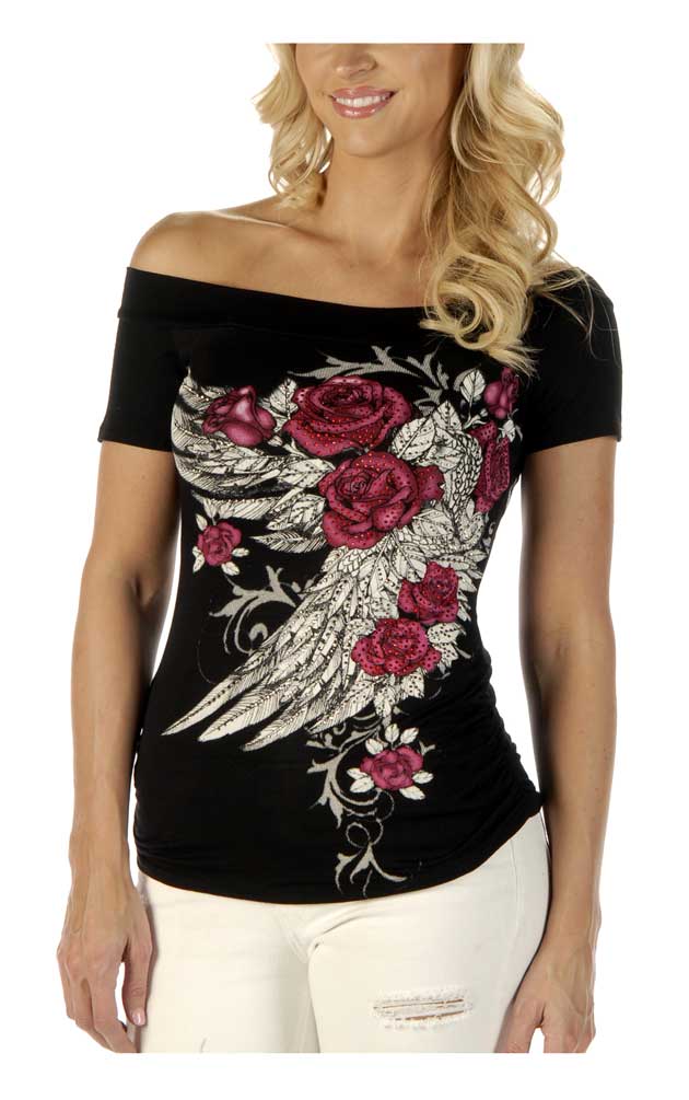 Liberty Wear Women's Blossomed Elegance Embellished Off The Shoulder Top, Black - Wisconsin Harley-Davidson