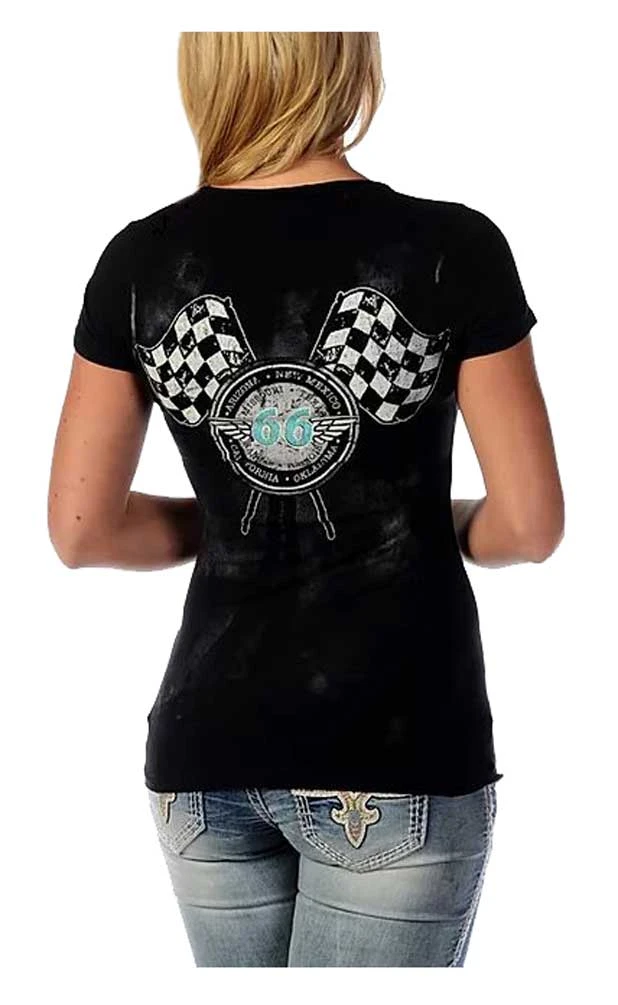 Harley-Davidson Free Shipping - Liberty Wear Women's Bikin' Route 66 Embellished Short Sleeve V-Neck Tee, Black - Free Shipping on many products plus Orders Over $99