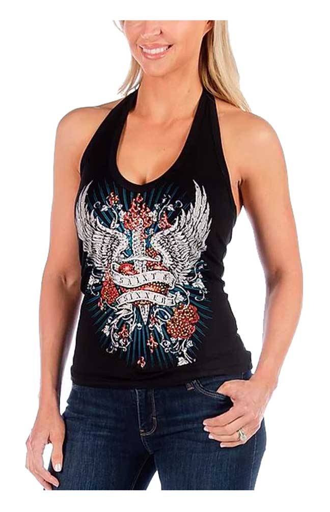 Liberty Wear Women's Heart on Fire Dagger Embellished Backless Halter Top -Black - Wisconsin Harley-Davidson