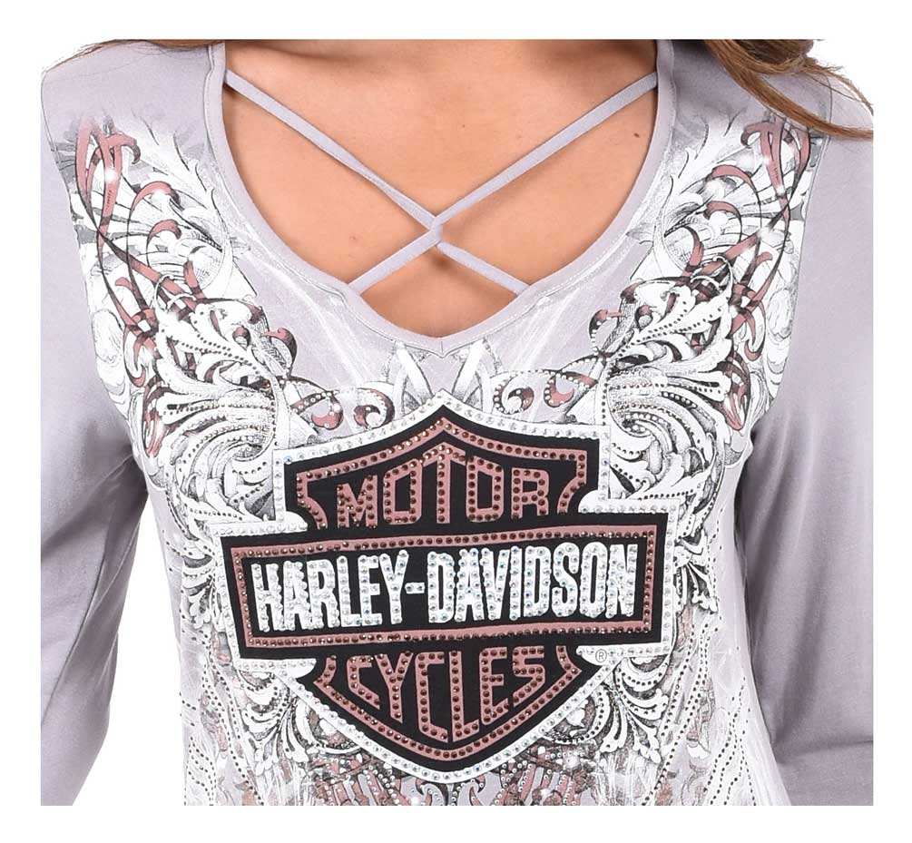 Harley-Davidson Women's Bling Bar & Shield Long Sleeve Criss Cross V-Neck Top - No Hassle Returns at Wisconsin Harley