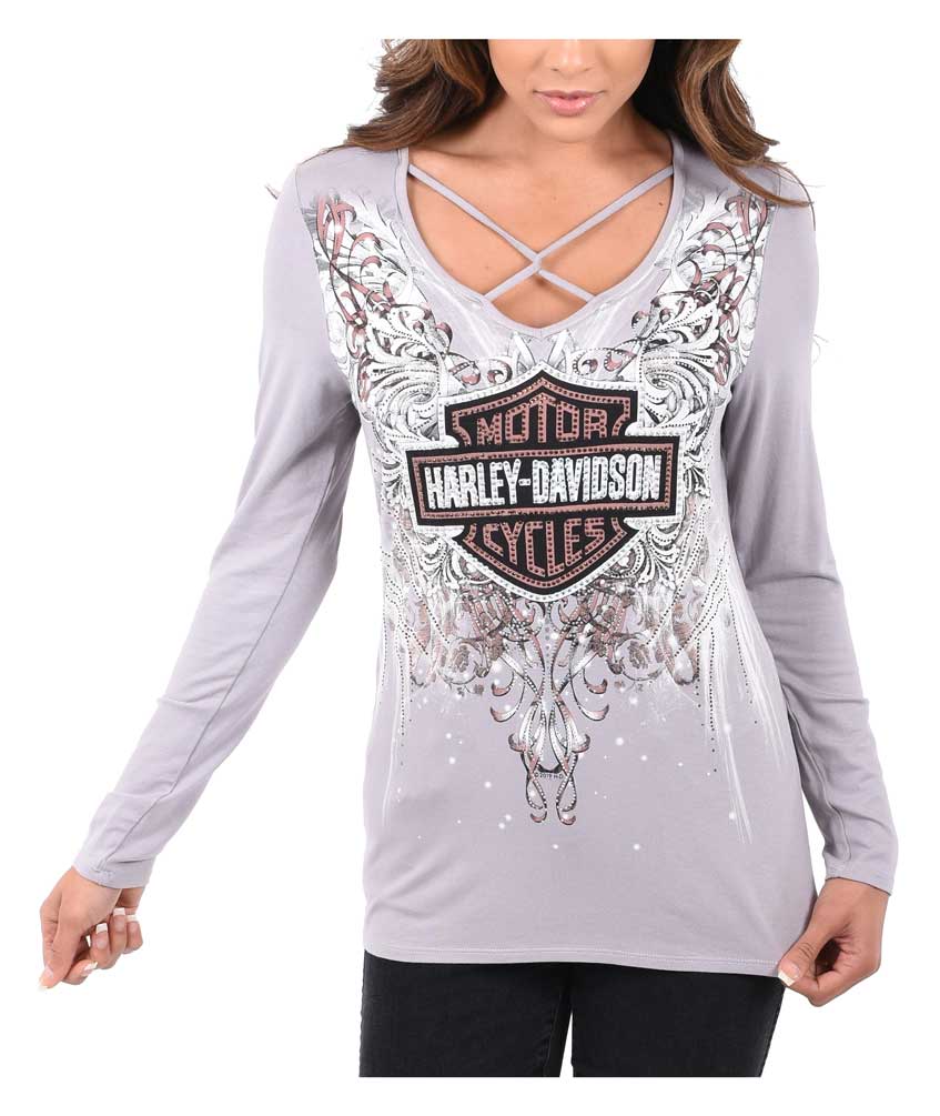 Harley-Davidson Women's Bling Bar & Shield Long Sleeve Criss Cross V-Neck Top - Wisconsin Harley-Davidson