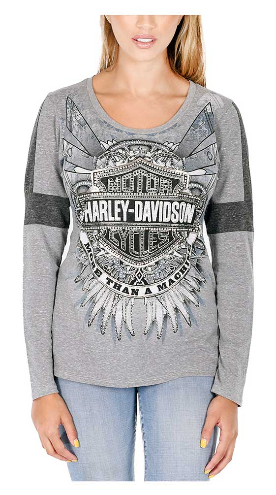 Harley-Davidson Women's Bling Bar & Shield Long Sleeve Scoop Neck T-Shirt, Gray - Wisconsin Harley-Davidson