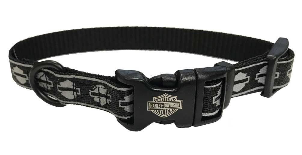 Harley-Davidson Adjustable Bar & Shield Reflective Dog Collar - Black & Silver - Wisconsin Harley-Davidson