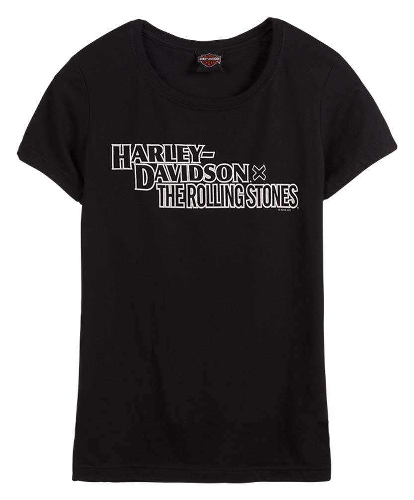 Harley-Davidson Women's Rolling Stones Stacked Crew-Neck Short Sleeve Tee, Black - Wisconsin Harley-Davidson