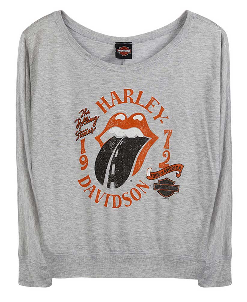 Harley-Davidson Womens Rolling Stones Highway Long Sleeve Off-Shoulder Tee, Gray - Wisconsin Harley-Davidson