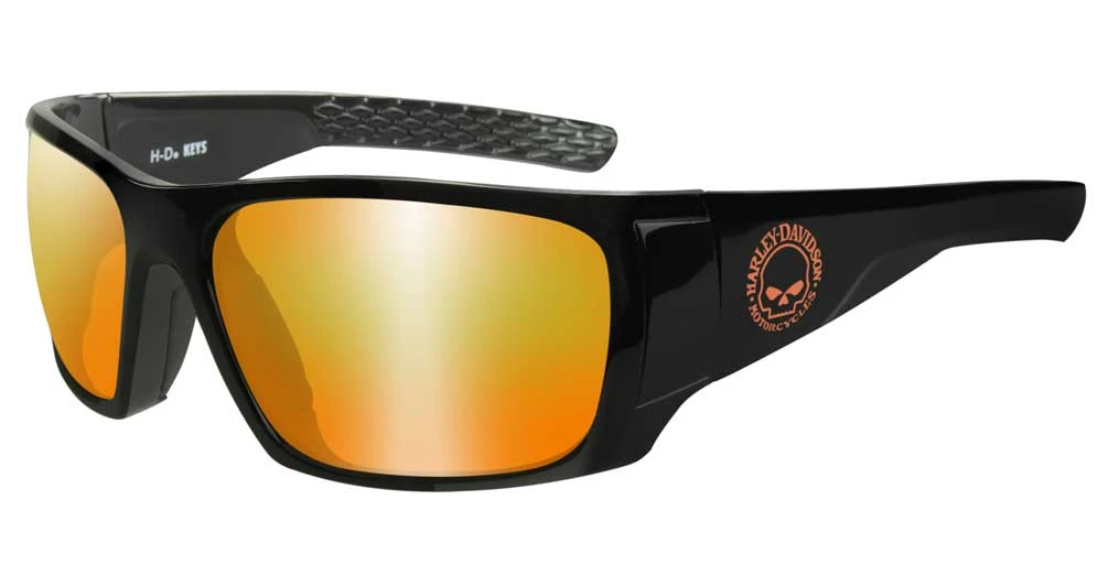 Harley-Davidson Men's Keys Sunglasses, Orange Mirror Lenses & Gloss Black Frames - Wisconsin Harley-Davidson