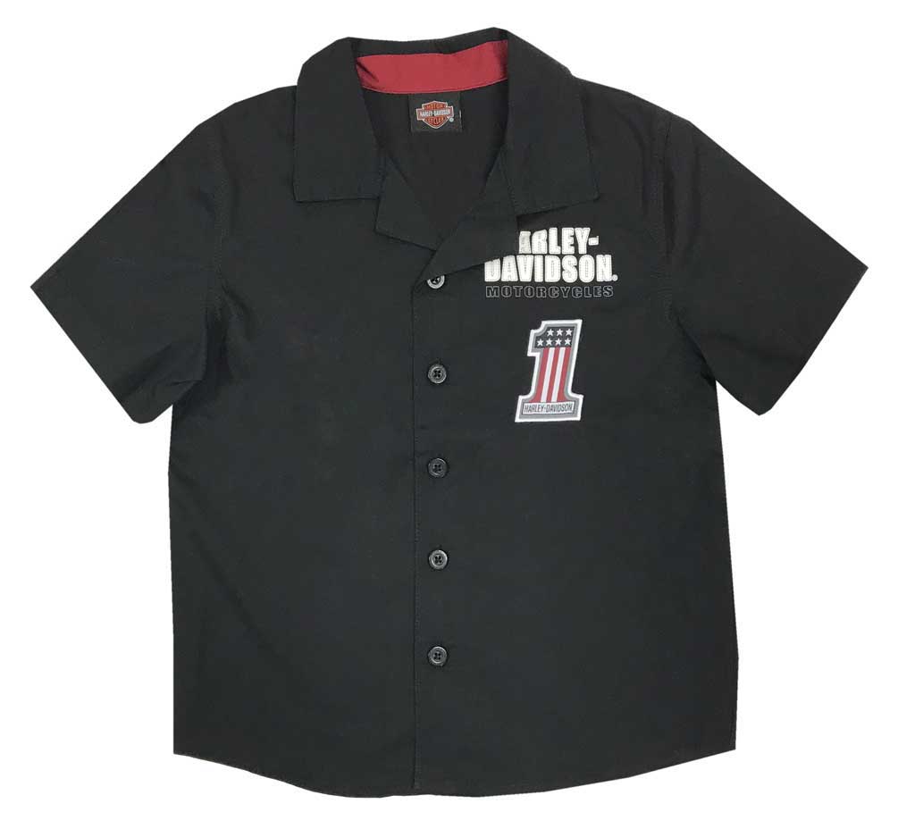 Harley-Davidson Big Boys' #1 RWB Short Sleeve Button Shop Shirt - Black - Wisconsin Harley-Davidson