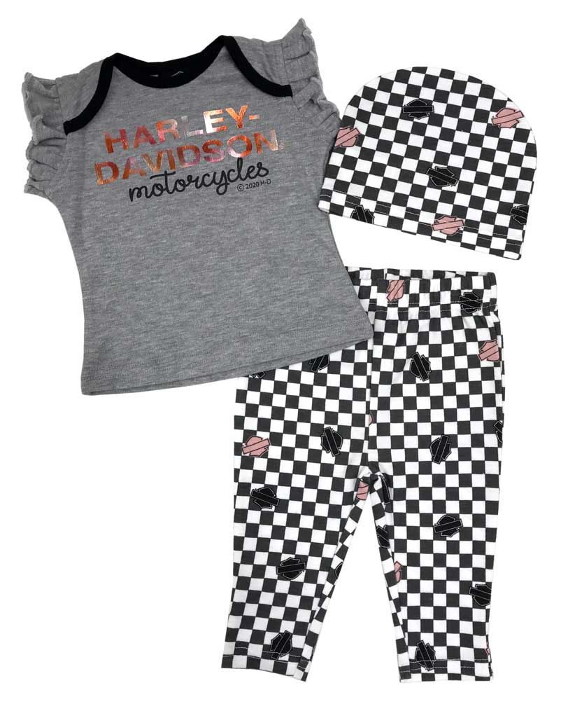 Harley Davidson Baby Girls Metallic Checkers Newborn 3 Piece
