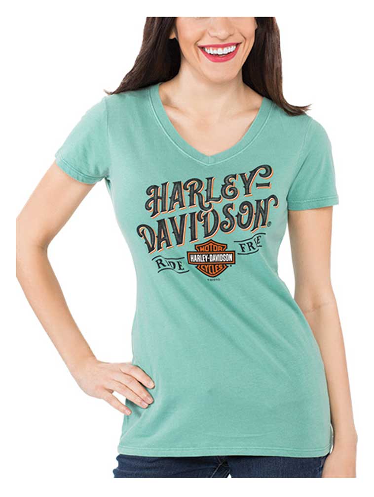 Harley-Davidson Women's Distressed Script V-Neck Short Sleeve T-Shirt, Green - Wisconsin Harley-Davidson