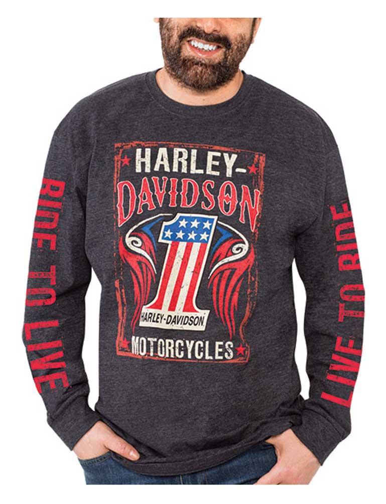 Harley-Davidson Men's #1 RWB Long Sleeve Crew Neck Poly-Blend T-Shirt, Black - Wisconsin Harley-Davidson