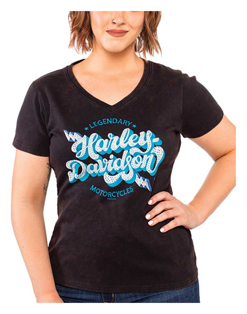 Harley-Davidson Women's Embellished Retro Bolt V-Neck Short Sleeve Tee, Black - Wisconsin Harley-Davidson