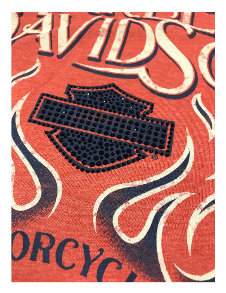 Harley-Davidson Women's Bling B&S Flames Short Sleeve Poly-Blend T-Shirt, Orange - No Hassle Returns at Wisconsin Harley