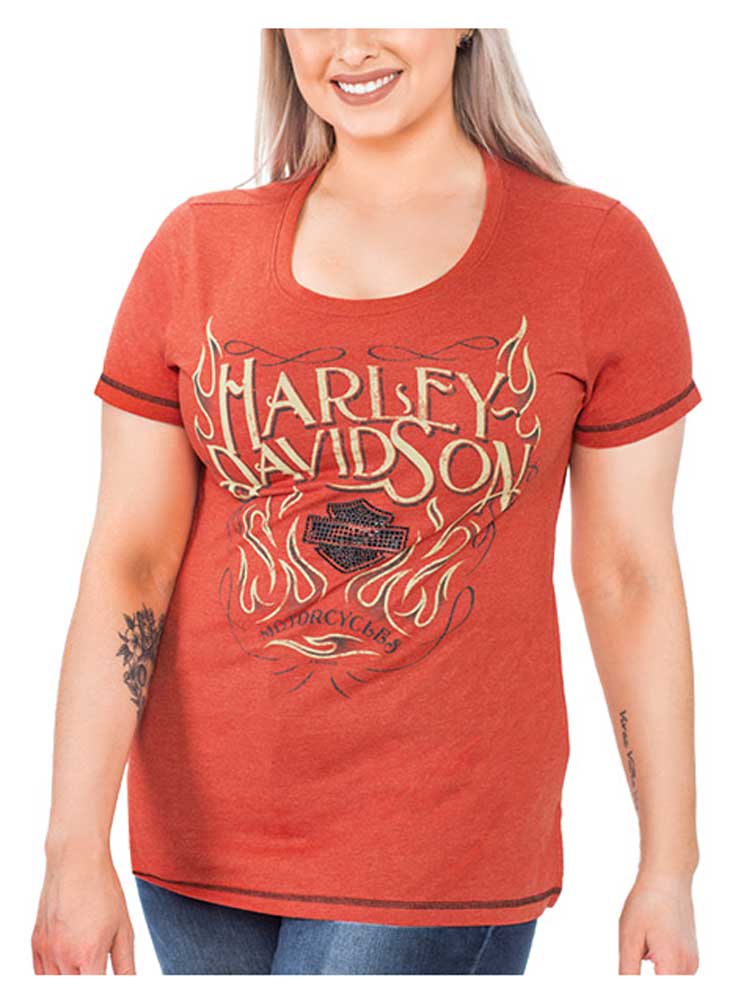 Harley-Davidson Women's Bling B&S Flames Short Sleeve Poly-Blend T-Shirt, Orange - Wisconsin Harley-Davidson