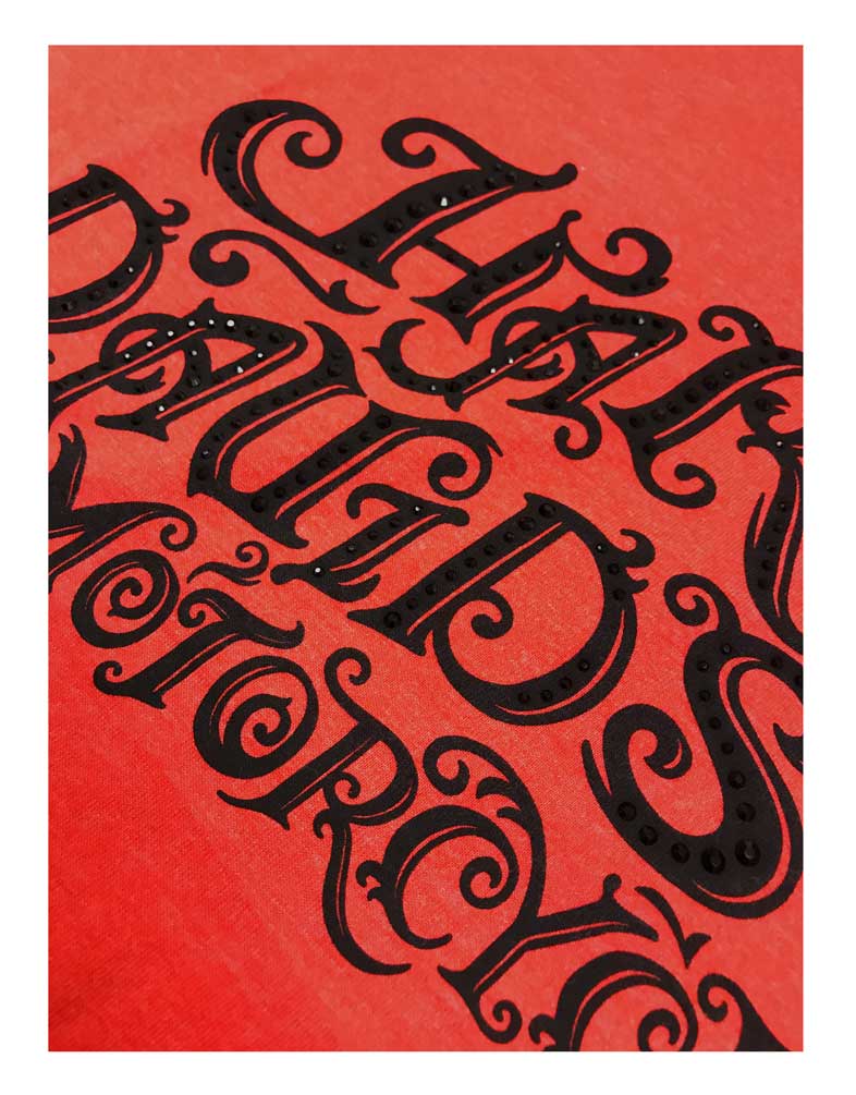Harley-Davidson Womens Rhinestone Swirly Script Scoop Neck Short Sleeve Tee, Red - No Hassle Returns at Wisconsin Harley
