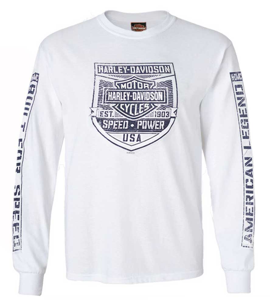Harley-Davidson Mens Built For Speed Long Sleeve Crew-Neck Cotton T-Shirt, White - Wisconsin Harley-Davidson