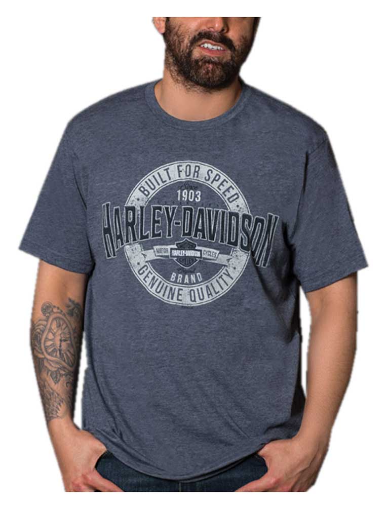 Harley-Davidson Men's Distressed H-D Short Sleeve Poly-Blend T-Shirt, Navy Blue - Wisconsin Harley-Davidson