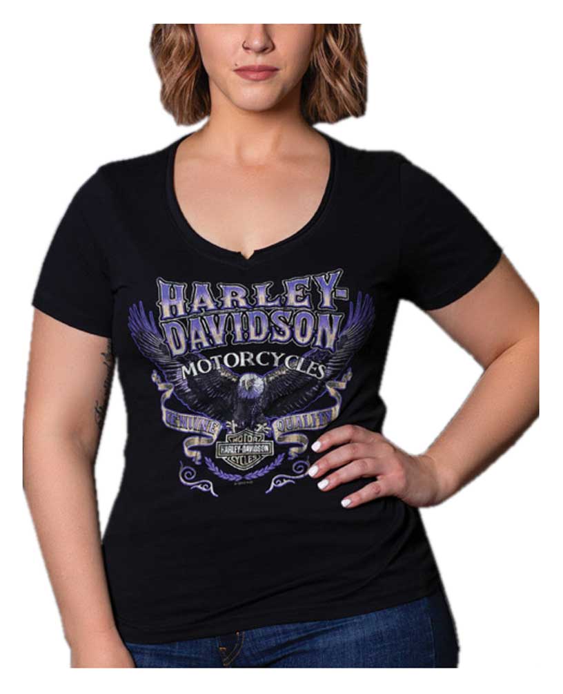 Harley-Davidson Women's Distressed Eagle V-Neck Short Sleeve Cotton Tee, Black - Wisconsin Harley-Davidson