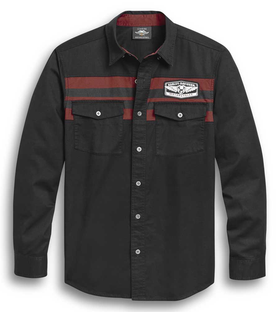 Harley-Davidson Men's Chest Stripe Long Sleeve Woven Shirt, Black 96304-20VM - Wisconsin Harley-Davidson