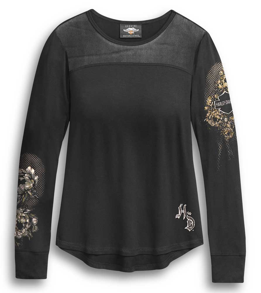 Harley-Davidson® Women's Mesh Yoke Skull & Roses Long Sleeve