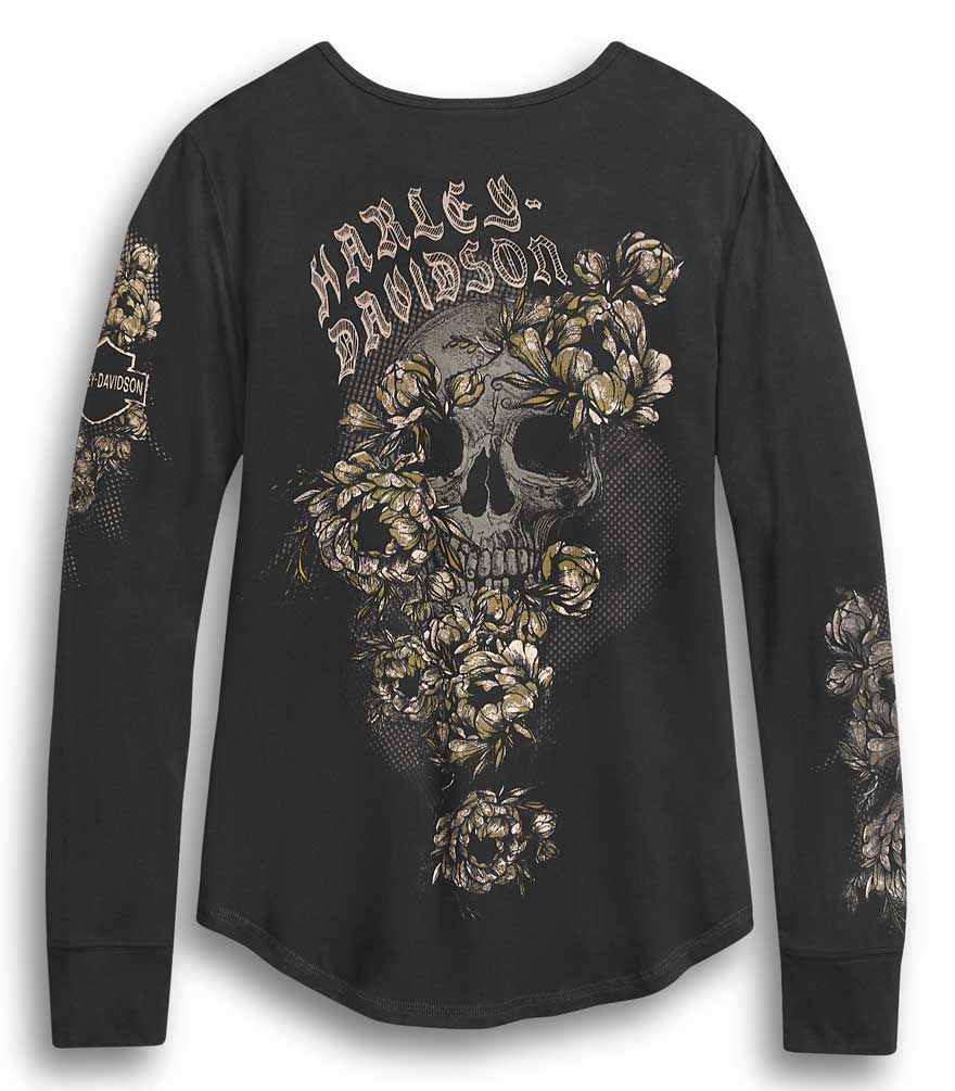 Harley-Davidson® Women's Mesh Yoke Skull & Roses Long Sleeve