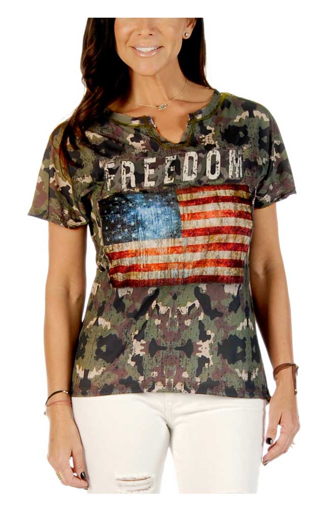 Liberty Wear Women's Freedom Flag Camo Print Short Sleeve Notched