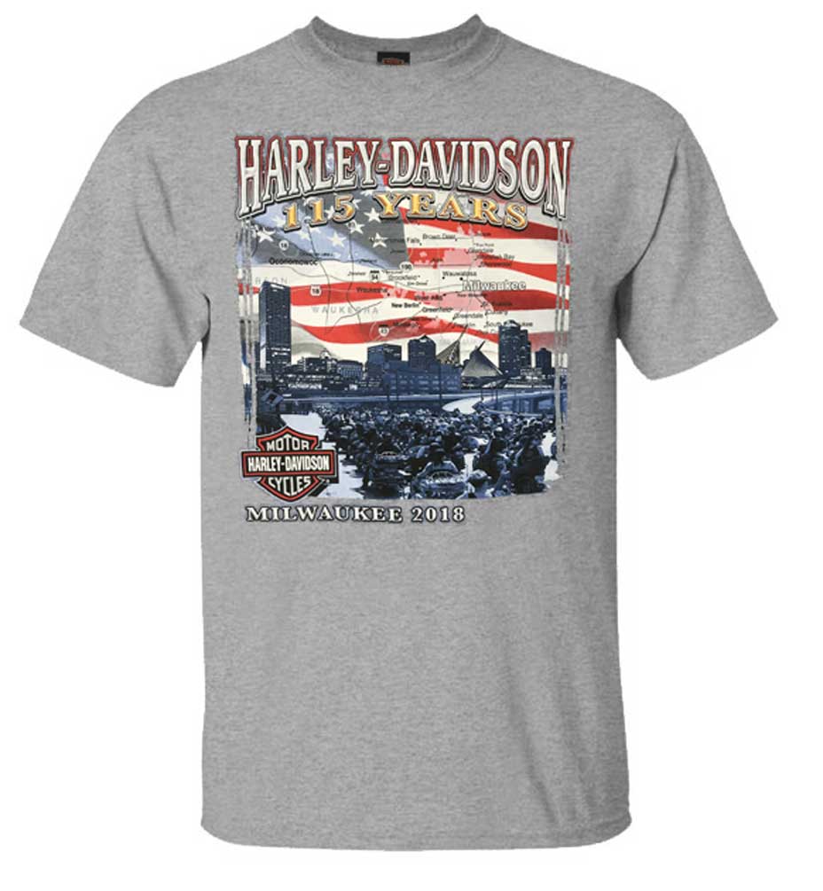 Harley-Davidson Men's 115 Years Milwaukee Map Short Sleeve T-Shirt - Gray - Wisconsin Harley-Davidson