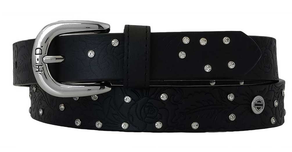 Harley-Davidson Women's Rosetta Embossed Floral Studded Leather Belt - Black - Wisconsin Harley-Davidson