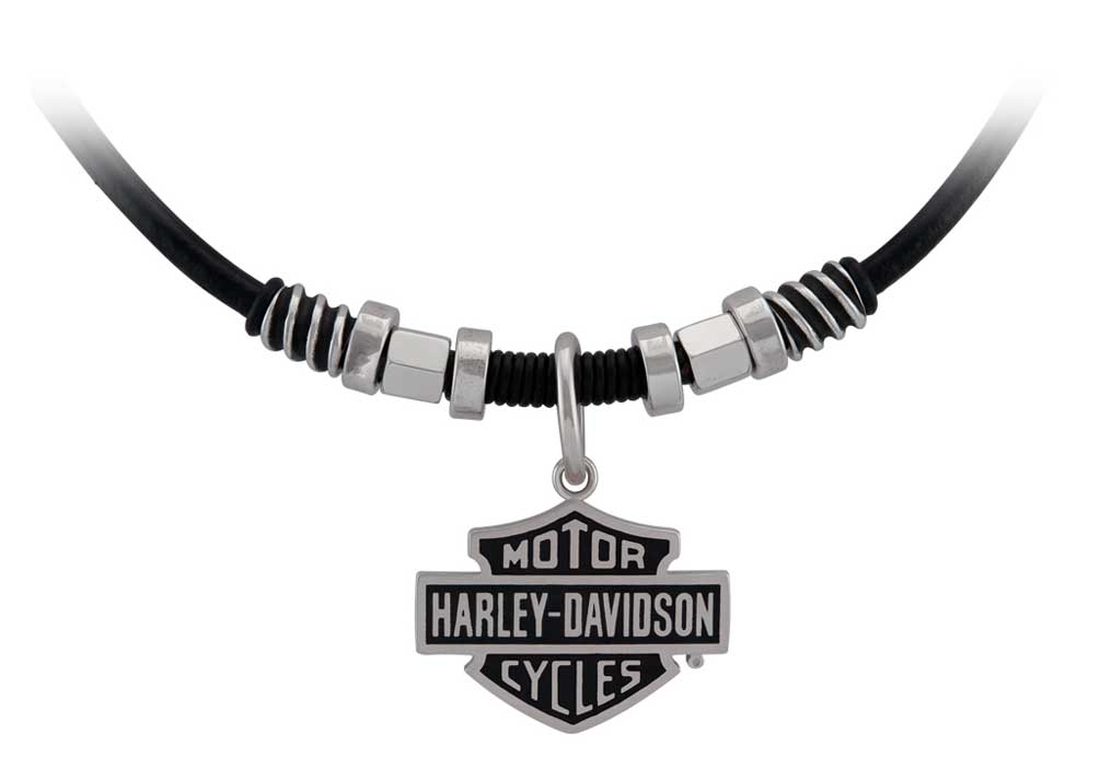 Harley-Davidson Men's Nut & Coil B&S Pendent Leather Necklace - Stainless Steel - Wisconsin Harley-Davidson